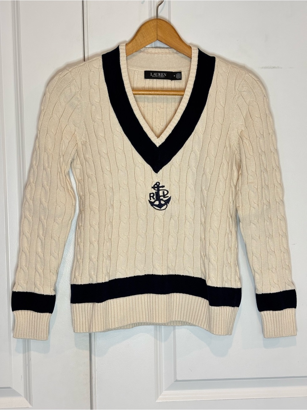 LAUREN Ralph Lauren Cable Knit Cotton Cricket Sweater Embroidered Anchor M - Picture 2 of 8